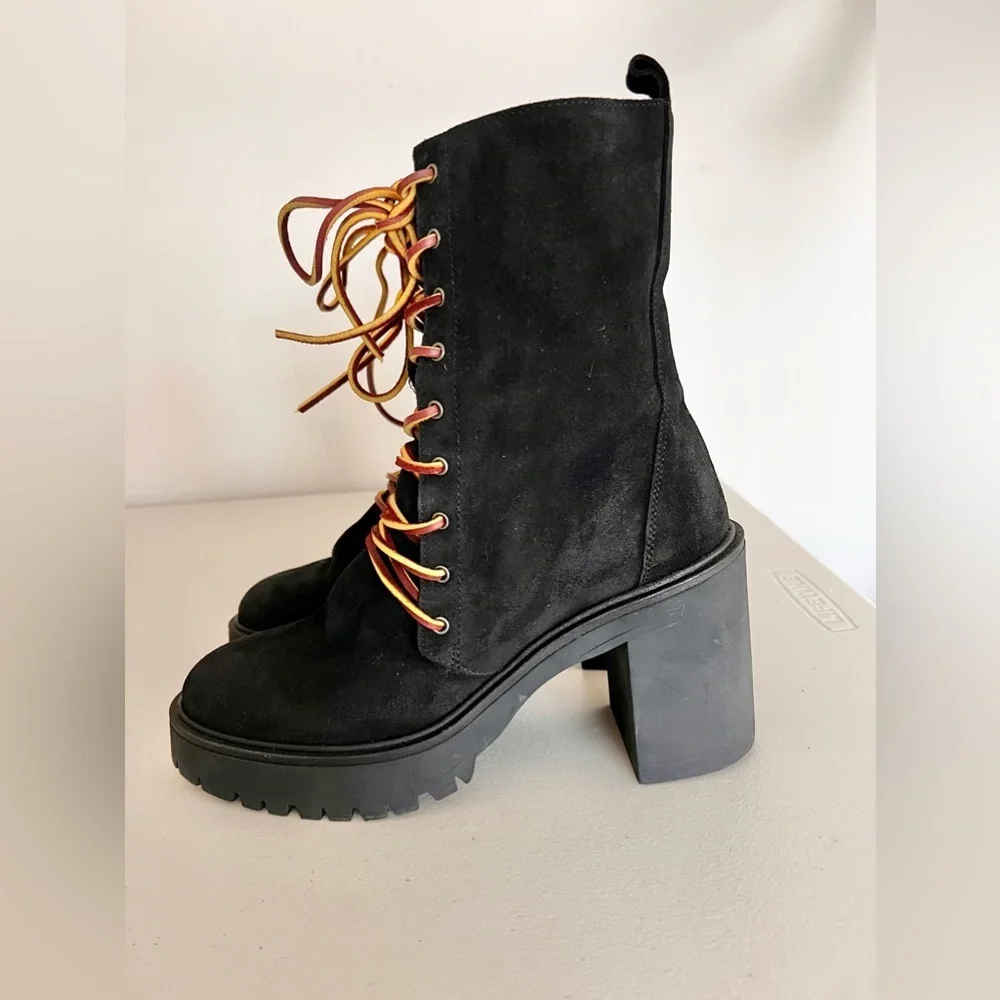 Free People Dylan Lace Up Chunky Mid Calf Suede Boots Black Women’s Size 8.5 - Picture 5 of 9